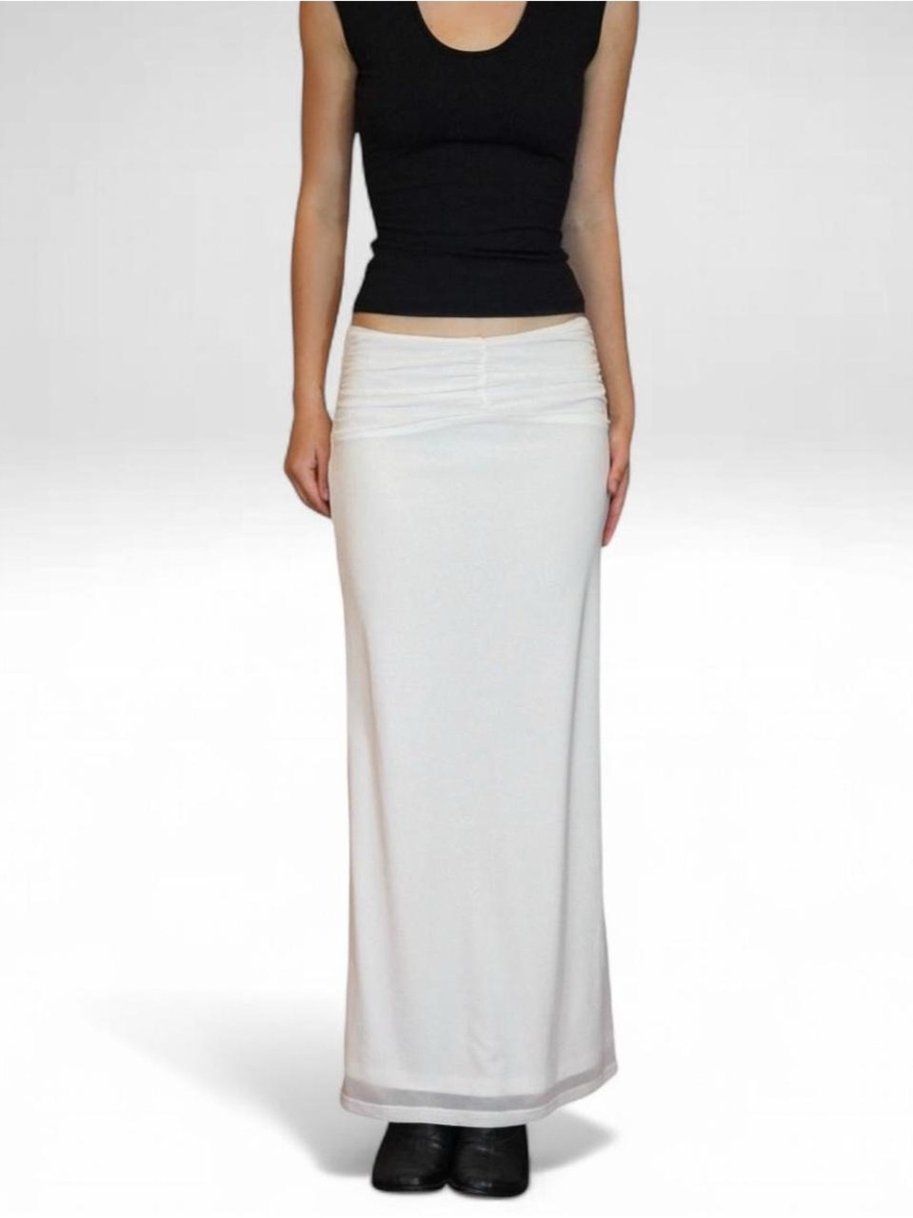 Peppermayo White Ruched Low Rise Maxi Skirt Y2K Sheer Mesh US 4